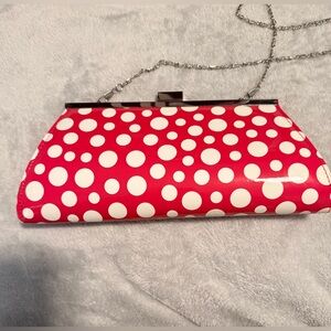 Neiman Marcus Red White Polka Dot Clutch Chain Strap Evening Bag